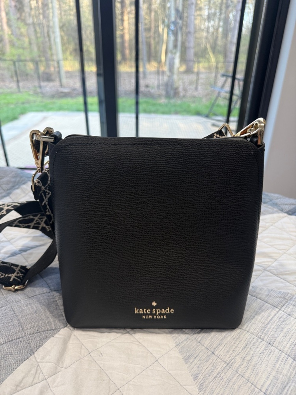 kate spade Black Pebbled Leather Crossbody with Patterned Strap